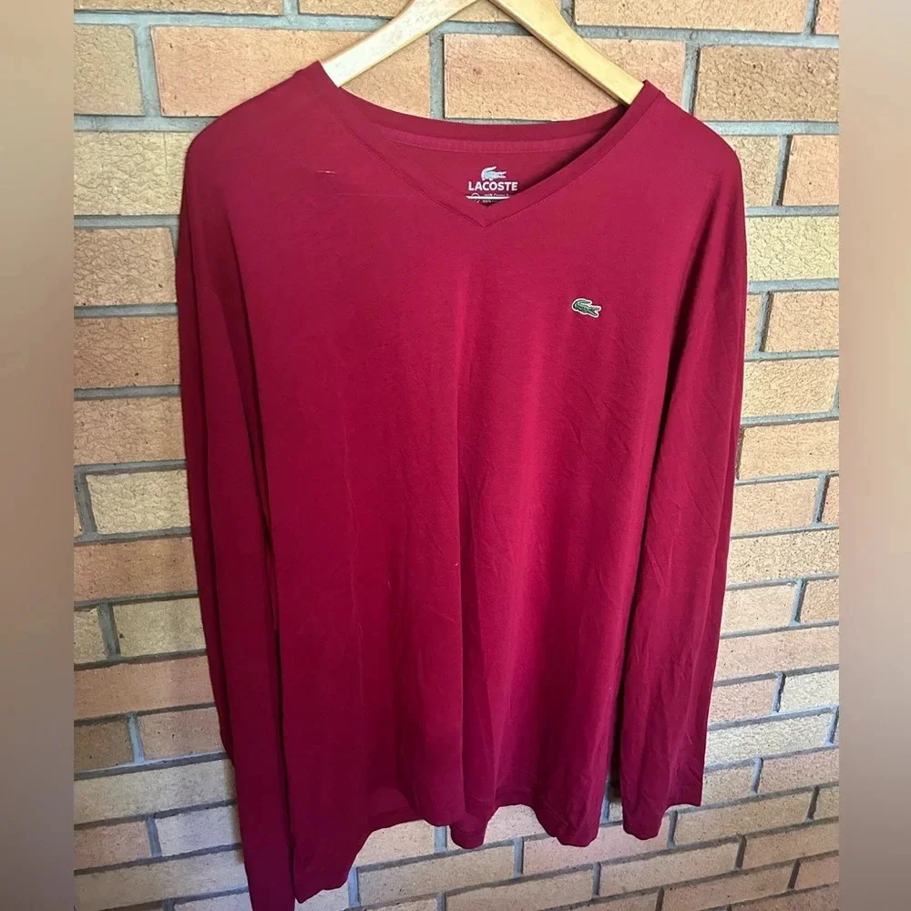 Lacoste V-Neck 100% Pima Cotton T-Shirt Men’s 9 Long Sleeve Shirt Burgundy